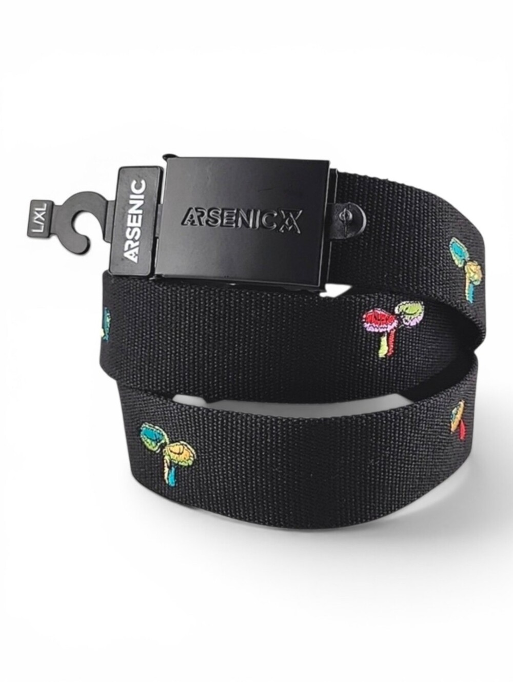 NWT Arsenic Men's Black Web Belt Multi Colour Mushroom Embellishments Size L/XL